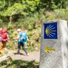 Panneau du Camino de Santiago avec une coquille jaune sur fond bleu et une flèche. Deux randonneurs avancent sur le chemin.