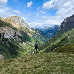 Vue panoramique d'une vallée verdoyante dans le parc de la Vanoise. Un randonneur contemple le paysage, comme sur une carte.