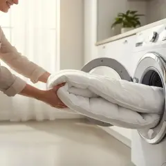 Une personne met un duvet blanc dans une machine à laver. C'est le moment de laver un duvet en machine pour le rendre tout propre.