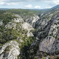Vue aérienne de la **gorge d'Ollioules**, un canyon rocheux bordé de pins, avec un château en ruines sur une colline au loin.