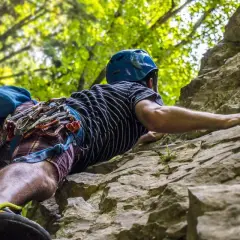 Un grimpeur équipé pour l'escalade en Ariège progresse sur une paroi rocheuse, entouré par la verdure d'une forêt.