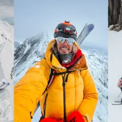 Anurag Maloo, skieur alpiniste, souriant en tenue de ski jaune, skis sur le dos, dans un paysage de montagne enneigé.