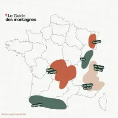 Carte de France illustrant les 6 massifs montagneux : Pyrénées, Massif Central, Vosges, Jura, Alpes du Nord et Alpes du Sud.