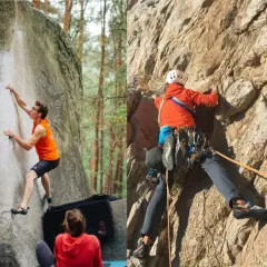 Collage de grimpeurs en action : femme souriante en falaise, homme en bloc, grimpeur en voie, et homme en escalade marine. Un vrai topo escalade !