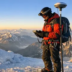 Un alpiniste équipé d'un GPS mesure la **cime** et son **altitude** au sommet d'une montagne enneigée, avec un panorama spectaculaire.