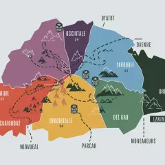 Carte stylisée des gr10 étapes, divisée en régions colorées avec des noms et des chiffres. Des sentiers en pointillés traversent les montagnes.