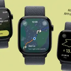 Trois Apple Watch affichant l'application komoot : navigation, carte et récapitulatif d'activité. Idéal pour comparer komoot vs Strava pour vos aventures.