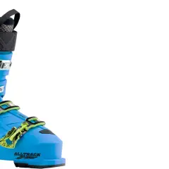 Chaussure de ski Rossignol Alltrack bleue vif, avec boucles vertes fluo. Prête pour dévaler les pistes !