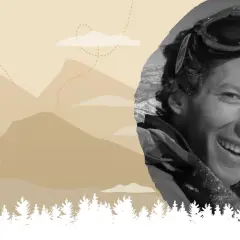 Aron Ralston, souriant, porte des lunettes de ski sur fond de montagnes enneigées et stylisées.