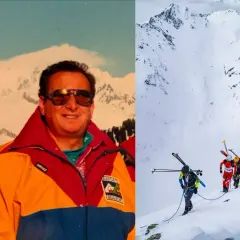 Un homme blanc souriant, en veste colorée, côtoie des skieurs en pleine ascension sur des montagnes enneigées.