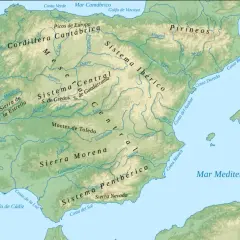 Carte topographique de la péninsule ibérique, montrant les montagnes d'Espagne, les fleuves et les côtes.
