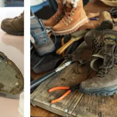 Réparation d'une chaussure de randonnée : application de colle sur la matière semelle extérieure chaussure. Outils de cordonnerie à proximité.
