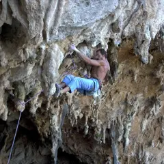 Un grimpeur en pleine action, explorant les parois rocheuses des Gorges du Tarn. L'escalade y est spectaculaire.
