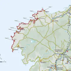 Carte du Camino dos Faros, un sentier côtier en Galice, Espagne, avec 8 étapes marquées de Malpica à Fisterra.