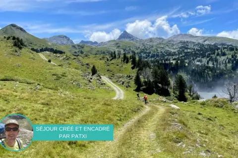 Sentier de montagne verdoyant, le chemin des hirondelles serpente vers des sommets majestueux sous un ciel bleu.