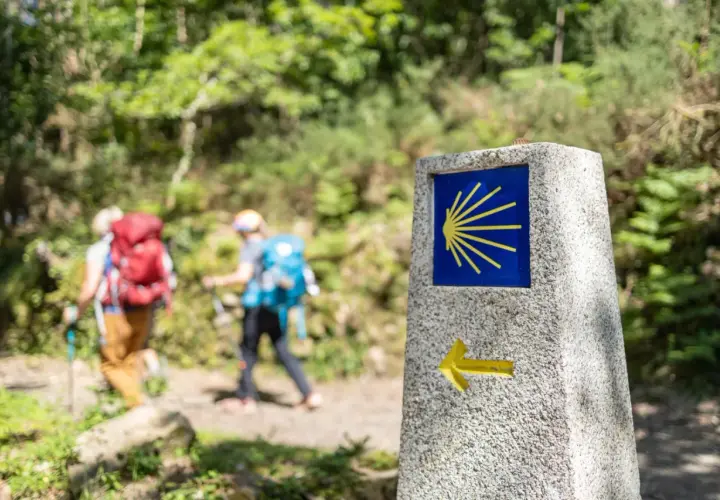 Panneau du Camino de Santiago avec une coquille jaune sur fond bleu et une flèche. Deux randonneurs avancent sur le chemin.