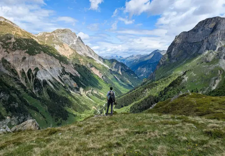 Vue panoramique d'une vallée verdoyante dans le parc de la Vanoise. Un randonneur contemple le paysage, comme sur une carte.