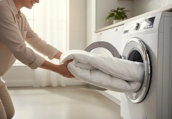 Une personne met un duvet blanc dans une machine à laver. C'est le moment de laver un duvet en machine pour le rendre tout propre.