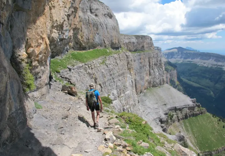 Randonneur sur le sentier escarpé de la Faja de las Flores, dominant un paysage de falaises et de vallées verdoyantes.
