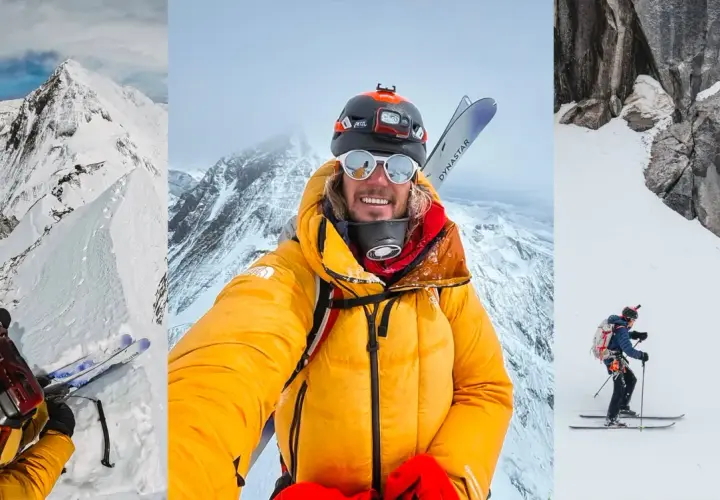Anurag Maloo, skieur alpiniste, souriant en tenue de ski jaune, skis sur le dos, dans un paysage de montagne enneigé.