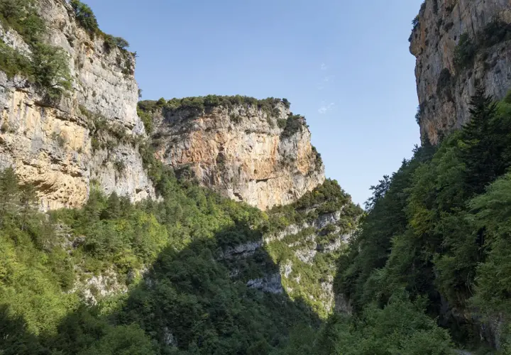 Immenses falaises rocheuses bordent le **Cañon de Añisclo**, couvertes de végétation luxuriante. Le ciel bleu clair domine.