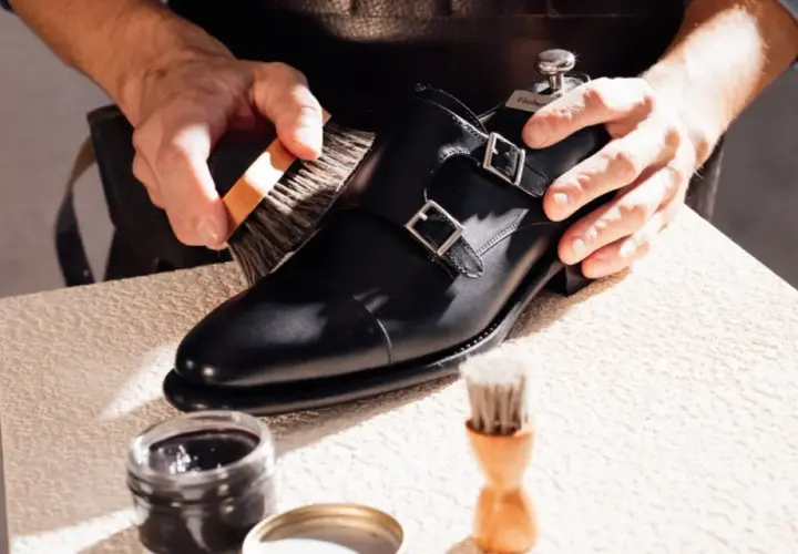 Un artisan brosse une chaussure noire à double boucle, lui redonnant son éclat. La tige de la chaussure est en cuir poli.
