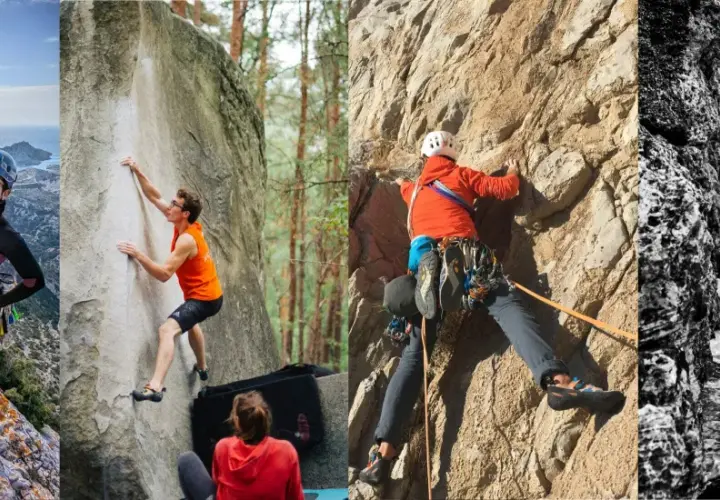 Collage de grimpeurs en action : femme souriante en falaise, homme en bloc, grimpeur en voie, et homme en escalade marine. Un vrai topo escalade !