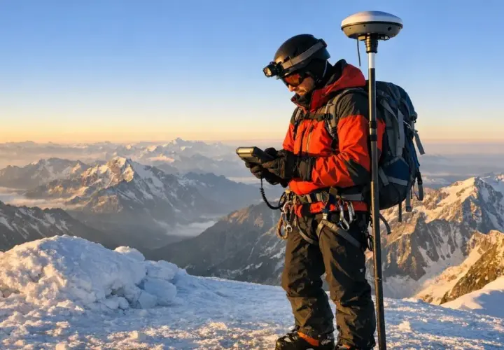 Un alpiniste équipé d'un GPS mesure la **cime** et son **altitude** au sommet d'une montagne enneigée, avec un panorama spectaculaire.