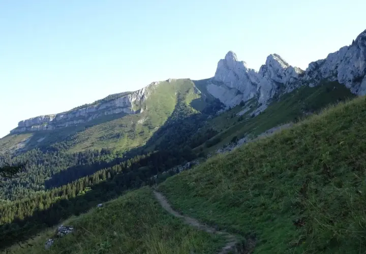 Sentier de randonnée au Col Vert, Villard de Lans. Paysage de montagne verdoyant avec falaises rocheuses et forêt.