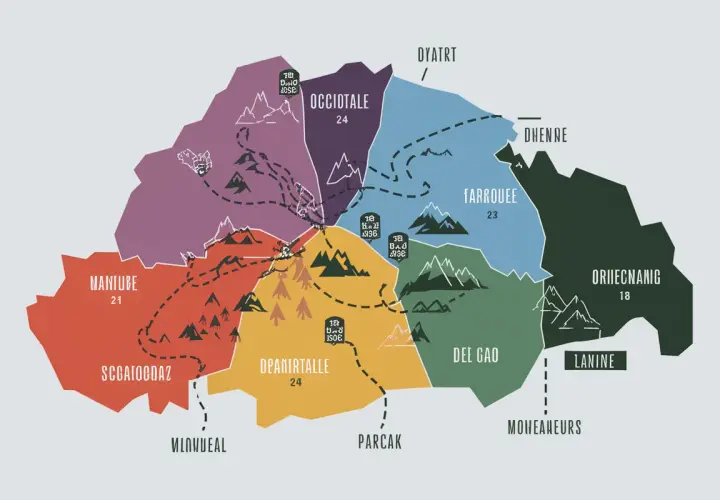 Carte stylisée des gr10 étapes, divisée en régions colorées avec des noms et des chiffres. Des sentiers en pointillés traversent les montagnes.