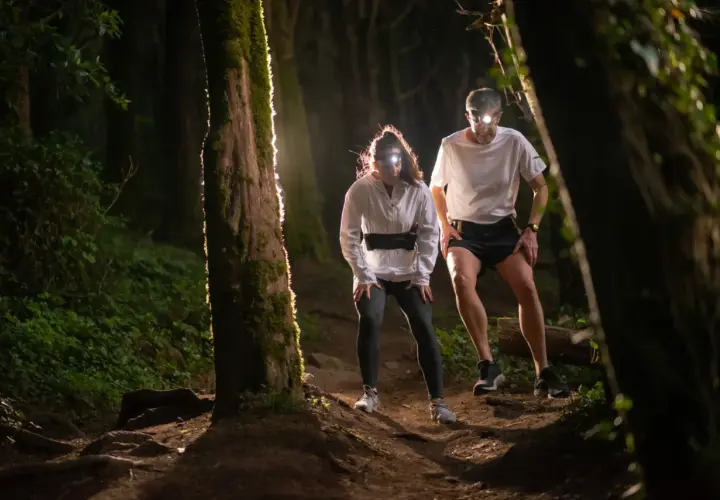 Deux coureurs équipés de lampes frontales s'aventurent sur un sentier forestier sombre. Une **randonnée nocturne** pleine d'adrénaline.