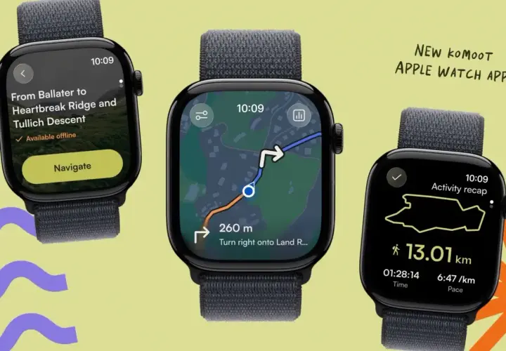 Trois Apple Watch affichant l'application komoot : navigation, carte et récapitulatif d'activité. Idéal pour comparer komoot vs Strava pour vos aventures.