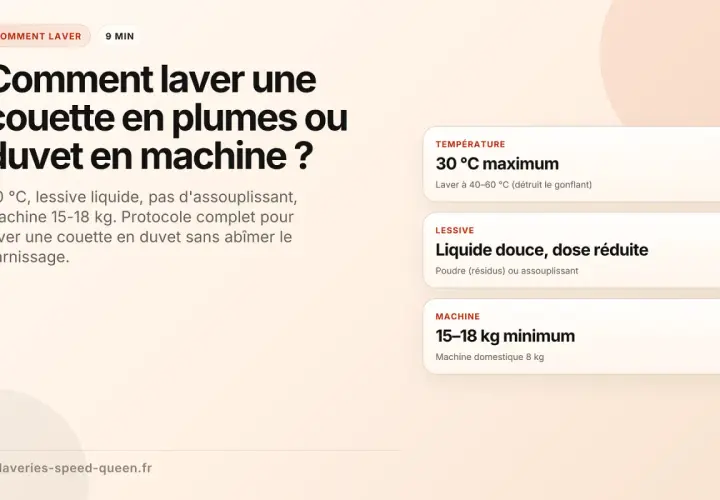 Guide pour le lavage d'une couette en plumes ou duvet en machine : 30°C, lessive liquide, pas d'assouplissant, machine 15-18 kg.