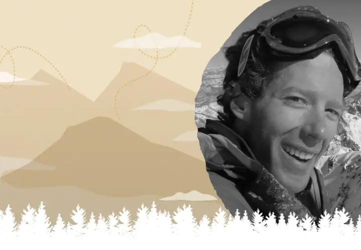 Aron Ralston, souriant, porte des lunettes de ski sur fond de montagnes enneigées et stylisées.