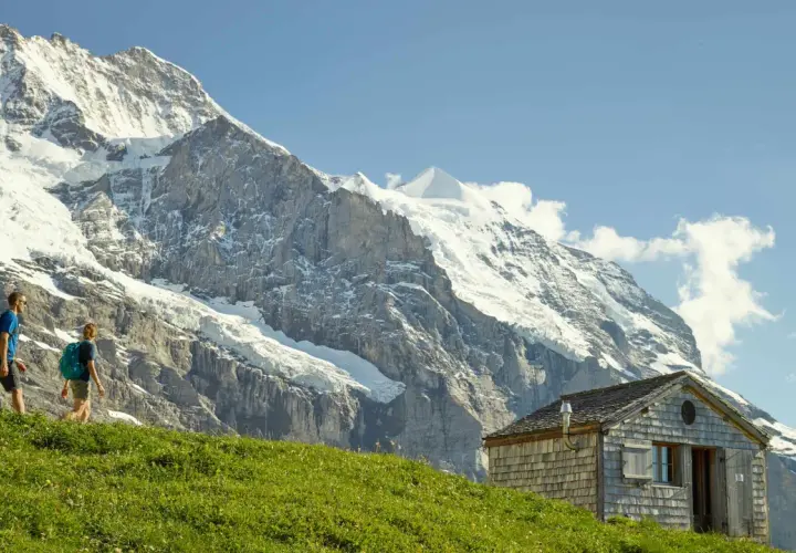 Deux randonneurs traversent une prairie verdoyante, avec un chalet en bois et les majestueux sommets de l'Eiger et de la Jungfrau en toile de fond.