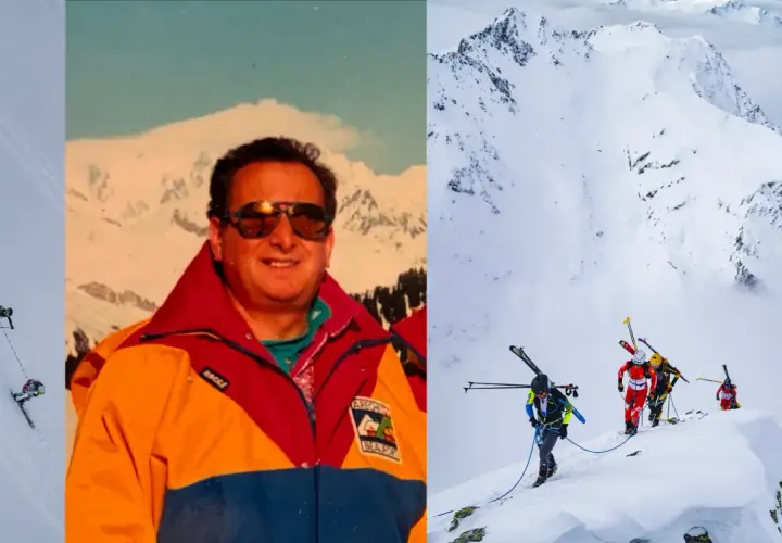 Un homme blanc souriant, en veste colorée, côtoie des skieurs en pleine ascension sur des montagnes enneigées.