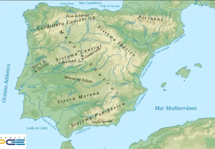 Carte topographique de la péninsule ibérique, montrant les montagnes d'Espagne, les fleuves et les côtes.