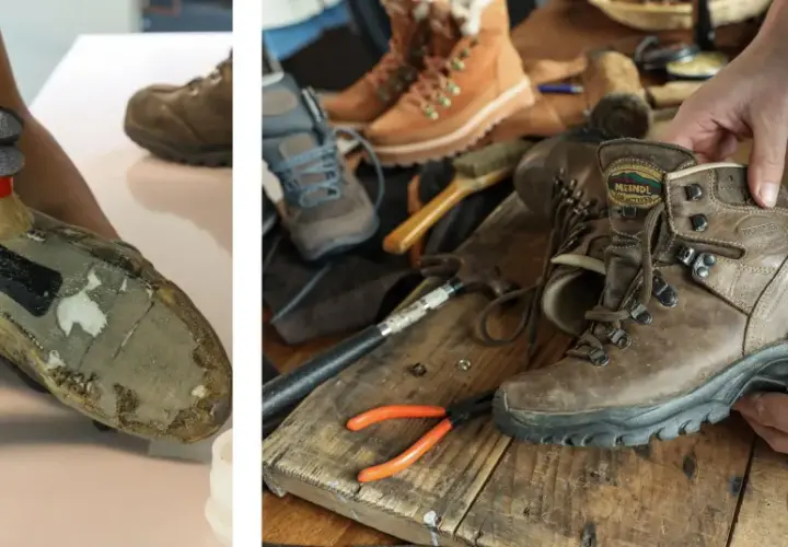 Réparation d'une chaussure de randonnée : application de colle sur la matière semelle extérieure chaussure. Outils de cordonnerie à proximité.