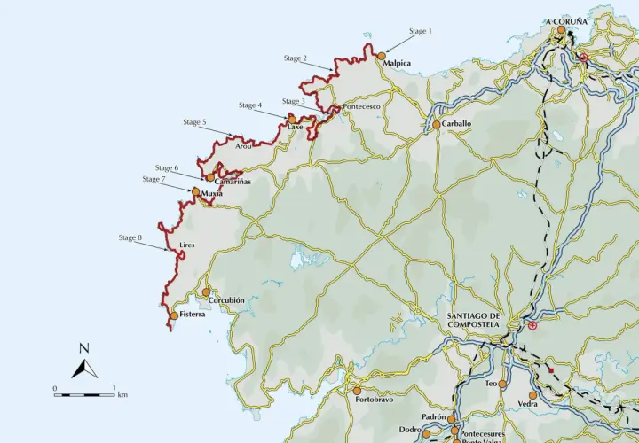 Carte du Camino dos Faros, un sentier côtier en Galice, Espagne, avec 8 étapes marquées de Malpica à Fisterra.