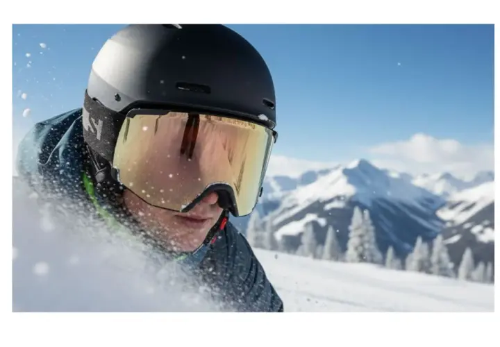 Un skieur en plein effort, le visage couvert de neige. Il est essentiel de nettoyer son masque de ski pour une visibilité parfaite sur les pistes enneigées.