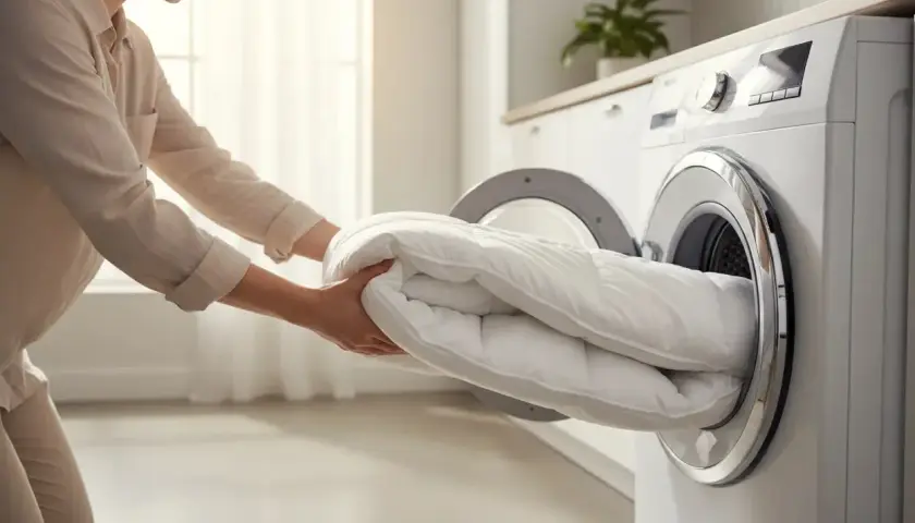 Une personne met un duvet blanc dans une machine à laver. C'est le moment de laver un duvet en machine pour le rendre tout propre.