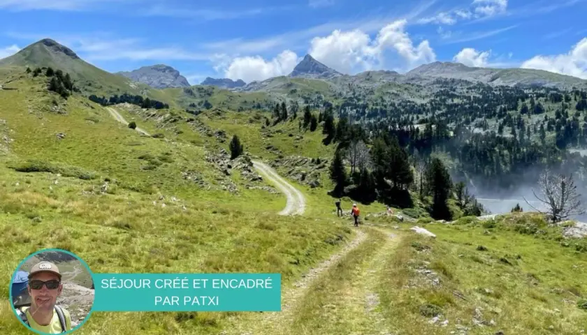 Sentier de montagne verdoyant, le chemin des hirondelles serpente vers des sommets majestueux sous un ciel bleu.