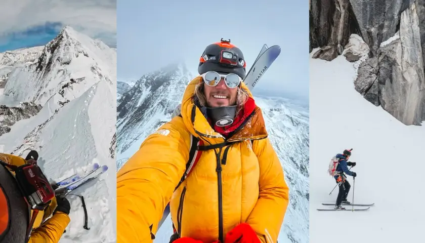 Anurag Maloo, skieur alpiniste, souriant en tenue de ski jaune, skis sur le dos, dans un paysage de montagne enneigé.