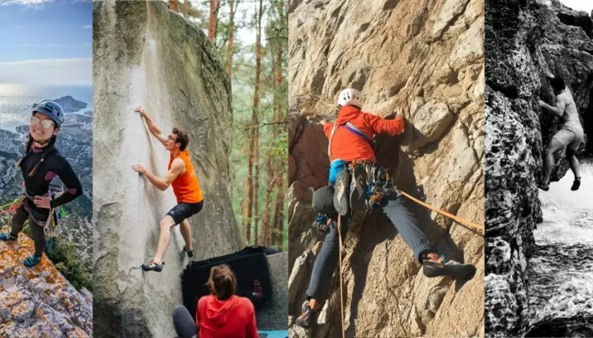 Collage de grimpeurs en action : femme souriante en falaise, homme en bloc, grimpeur en voie, et homme en escalade marine. Un vrai topo escalade !