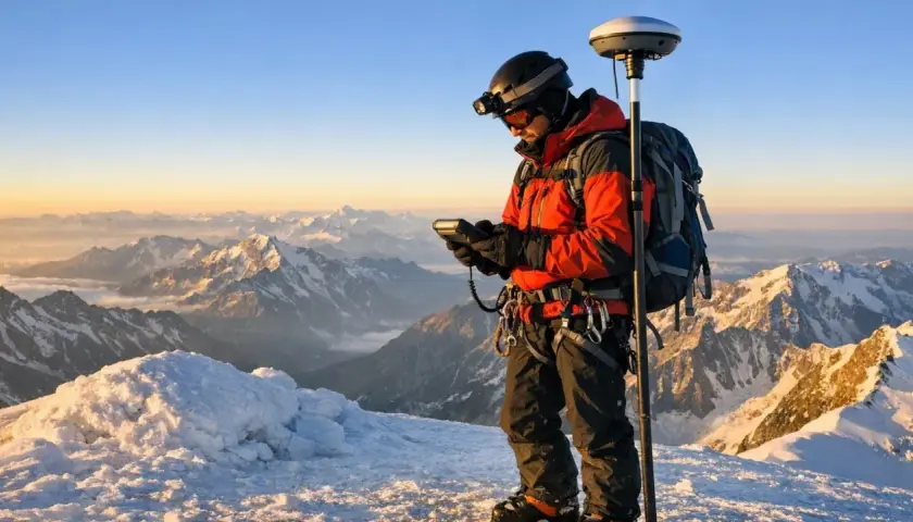 Un alpiniste équipé d'un GPS mesure la **cime** et son **altitude** au sommet d'une montagne enneigée, avec un panorama spectaculaire.