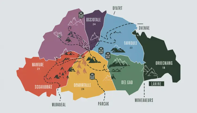Carte stylisée des gr10 étapes, divisée en régions colorées avec des noms et des chiffres. Des sentiers en pointillés traversent les montagnes.