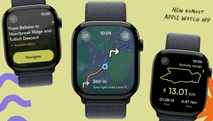 Trois Apple Watch affichant l'application komoot : navigation, carte et récapitulatif d'activité. Idéal pour comparer komoot vs Strava pour vos aventures.