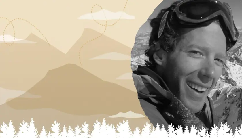 Aron Ralston, souriant, porte des lunettes de ski sur fond de montagnes enneigées et stylisées.