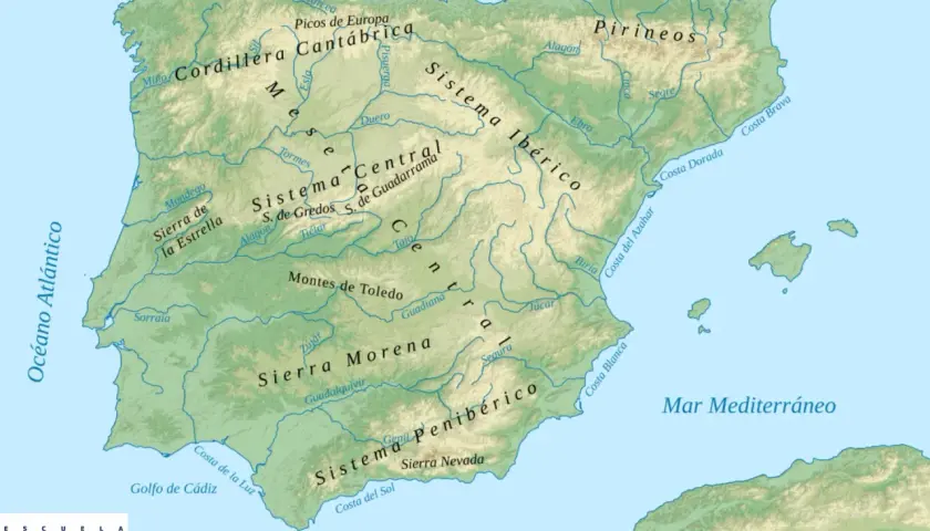 Carte topographique de la péninsule ibérique, montrant les montagnes d'Espagne, les fleuves et les côtes.