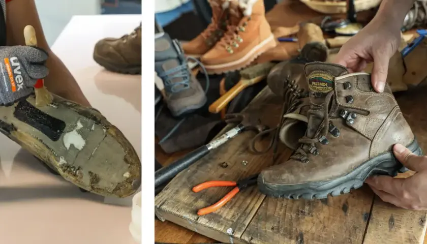Réparation d'une chaussure de randonnée : application de colle sur la matière semelle extérieure chaussure. Outils de cordonnerie à proximité.